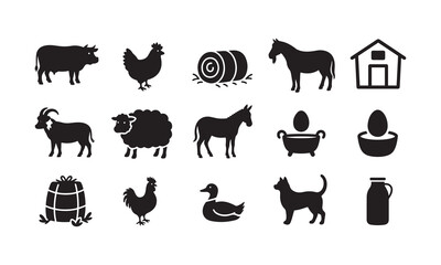 Farm Animal Silhouette and Outline Icon Set – Classic Barnyard Vector Symbols for Agricultural Design

