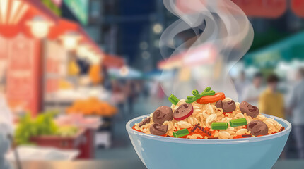 A steaming illustrated bowl of fried rice with mushrooms, carrots, green onions, and herbs in a lively outdoor market scene with blurred vendor stalls and people in the background.
