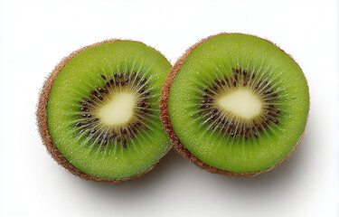 Close up of two kiwi fruit halves showing the green flesh and black seeds on a white background