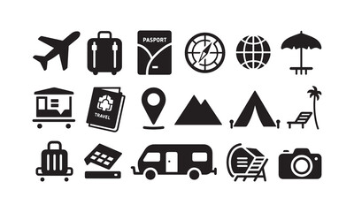 Travel Icon Pack in Black Silhouette Style – Modern Vector Set for Apps, Maps, and Brochures