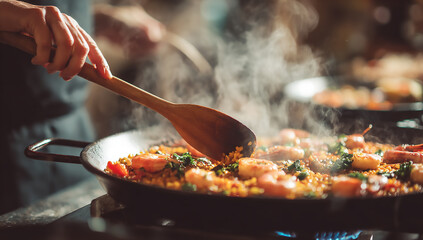 Cooking paella with shrimp and vegetables in a large pan on a stove with a wooden spoon stirring it