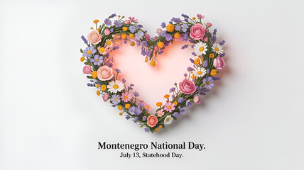 Montenegro National Statehood Day. Heart shape made out of flowers on white background