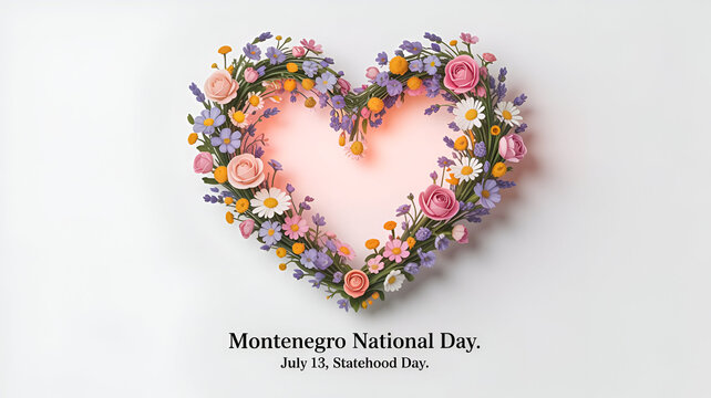 Montenegro National Statehood Day. Heart shape made out of flowers on white background
