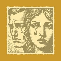  Halftone effect vibrant color postal stamp vector featuring emotional couple face with single tear rolling down, expressive love portrait illustration, modern design for creative projects and art