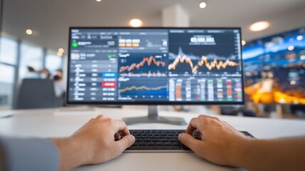 Fototapeta premium Stock Analysis on Screen: A trader analyses stock market data on a computer screen, fingers poised on the keyboard, ready to execute the next financial move.