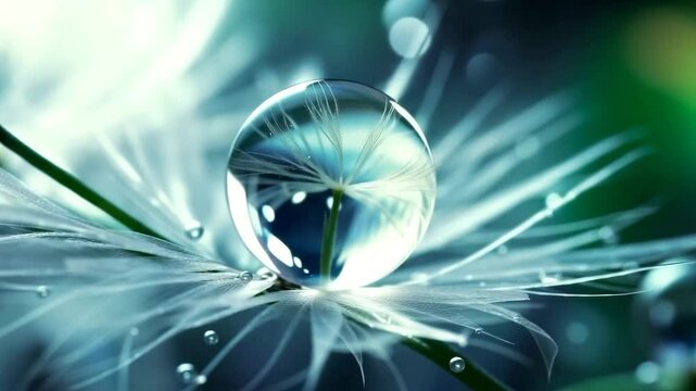 Closeup beautiful dew drops water moving on fluffy dandelion flower plant.clean and pure concepts.natural and environment