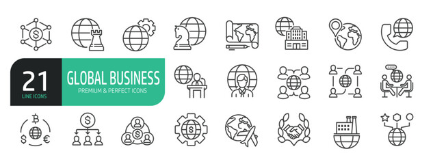 Set Of Global Business Icons. Outline Symbols Elements Collection.
