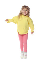 Happy little girl dancing on white background