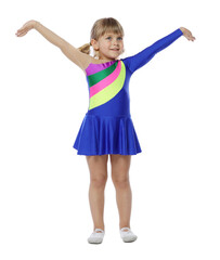 Cute little girl dancing on white background