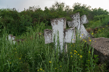 Cemetery with ancient stones and stone crosses. Old cemetery overgrown with grass