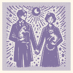  Vibrant purple halftone effect vector illustration of couple holding hands with cat, colorful postal stamp style design, romantic pet love theme, modern graphic art, digital artwork