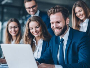 Smiling professionals collaborate and review documents on a laptop in a modern office setting, fostering teamwork and success.