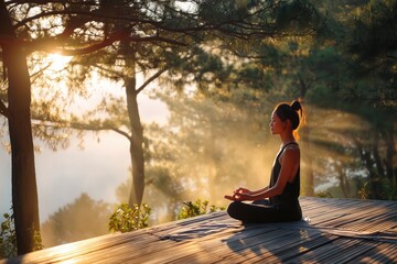 Meditation at sunrise in a tranquil forest setting