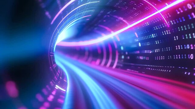 Swirl glowing particles light beams.flowing of algorithm binary computer code.abstract background of vibrant light luminous line with big data information or cloud technology.