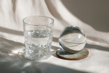 Clear glass of water next to a crystal sphere