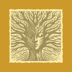  Vibrant Halftone Postal Stamp Vector of Tree and Human Fusion Concept, Surreal Nature Spirit Illustration, Colorful Abstract Environmental Harmony Artwork in Bold Graphic Style