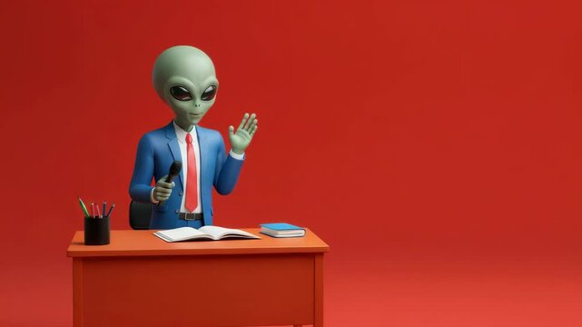 Alien wearing suit and red tie sits at desk, raising its hand against background