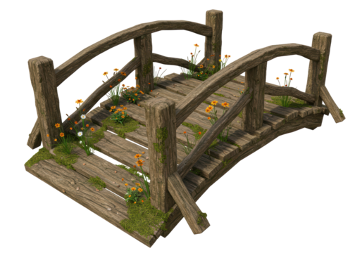 Isolated Rustic Wooden Bridge with Flowers Nature Crossing