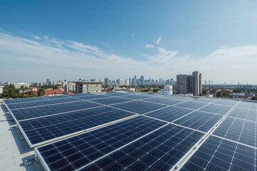 Solar energy panels roof installation blue sky clean power renewable electricity system
