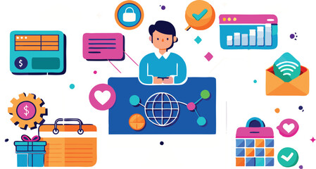 A collection of dynamic online marketing illustrations, featuring digital advertising concepts like social media, analytics, and e-commerce, often incorporating bold colors and modern design