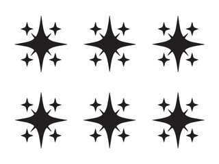 Six black sparkle starburst shapes on a white background