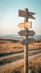 A weathered wooden signpost with multiple directional arrows stands tall against a soft hazy sky overlooking a vast dry landscape