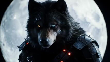 Futuristic werewolf warrior in tactical armor with glowing eyes in front of a full moon. - Powered by Adobe