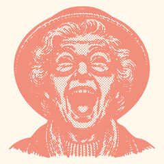  Vibrant Halftone Stamp Vector of Pink Color Excited Emotional Grandma Wearing Glasses with Open Mouth Expression – Retro Style Bold Line Artwork for Pop Art and Fun Design Use