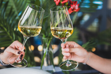 Close-up of two hands clinking wine glasses filled with white wine against a lush green background with red flowers, celebrating outdoors in a cheerful, elegant atmosphere.