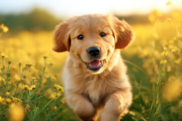 A happy golden retriever puppy runs through a sunlit field of yellow wildflowers on a bright, warm day.