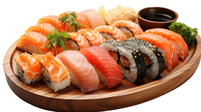 Sushi assortment on wooden tray isolated on transparent background. PNG