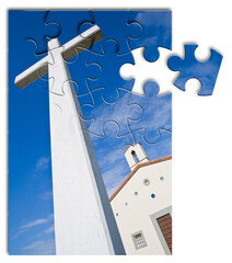 Rebuild or losing our faith - Christian cross concept image in jigsaw puzzle shape