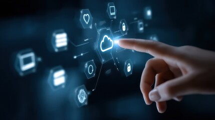 Hand interacting with digital cloud interface