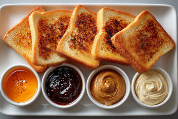 Breakfast mockup. American buffet breakfast. Hotel Breakfast Styles. Top view of a tray of pieces of toasted bread on a plate and assorted spreads in small bowls on a white background.