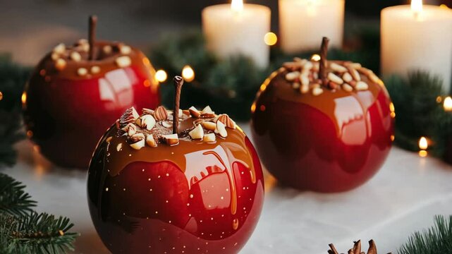 Red caramel apple dessert decorated with nuts on a festive table. Holiday treat with pine needle and lights for Christmas celebration.