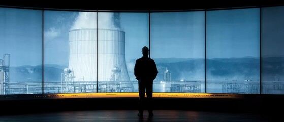 Person observing power plant through large windows