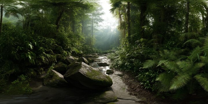 Lush jungle stream rainforest hdr 360 degrees natural environment