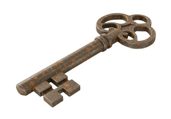 Isolated Antique Rusty Key with Ornate Design and Weathered Texture
