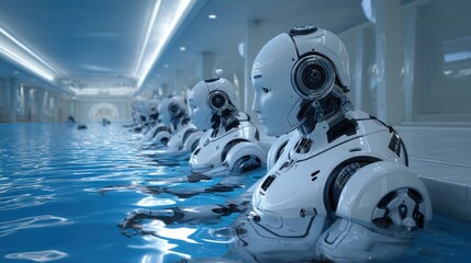 Robots swimming in a futuristic indoor pool