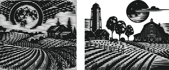  Heavy lined black vector bundle featuring a serene farm landscape with moon, fields, barn, and trees in stylized night rural scenery, perfect for prints, posters, or editorial designs