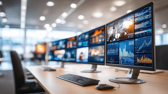 Tech Control Panel: A row of computer monitors displays complex data and information, offering a glimpse into advanced technology and the ever-evolving digital landscape.