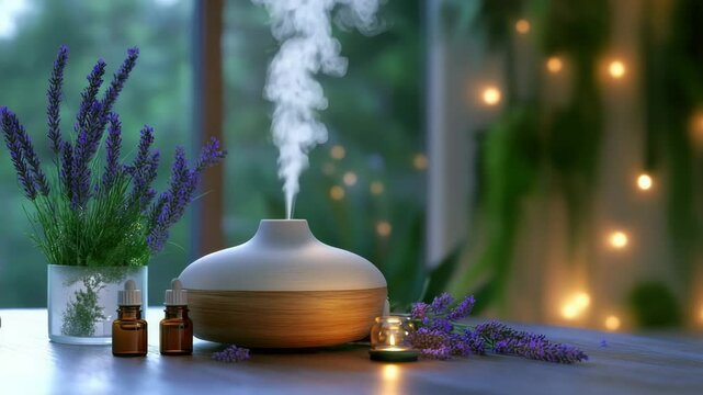 Aromatherapy diffuser releasing mist on wooden table with lavender flowers, essential oil bottle, lit candle, and flower creating relaxing and calming atmosphere for peaceful indoor relaxation