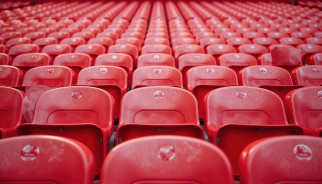 Empty red stadium seats in a uniform arrangement.