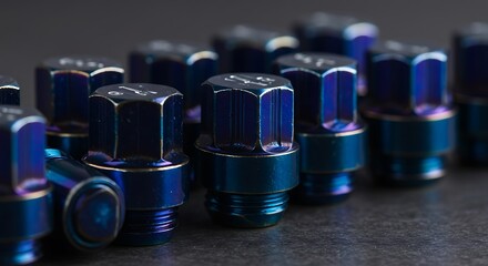 A dramatic macro photograph of a set of high-performance lug nuts, showcasing a stunning iridescent blue and purple neo-chrome finish
