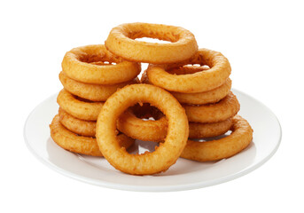 Isolated Stack of Crispy Golden Onion Rings on White Plate