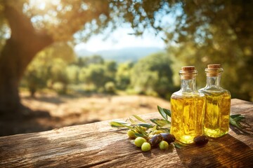Olive oil bottles in olive grove