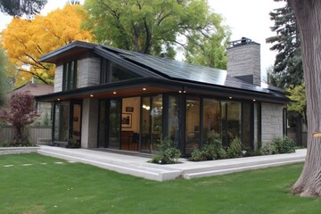 Modern home with solar panels in a backyard