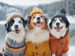 Three dogs in winter hats and sweaters