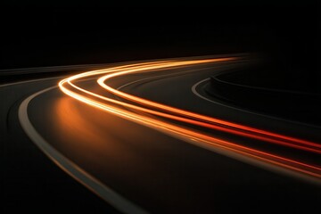 A car is driving on the highway, with light trails behind it. The background color of dark orange and black creates an atmosphere of speed and excitement. A simple composition.
