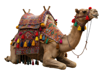 Isolated Camel with Ornate Saddle and Traditional Decorations